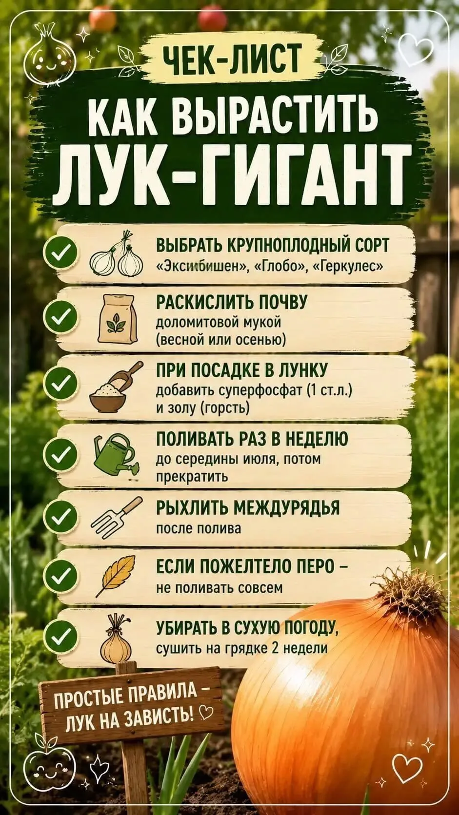 Чек-лист для лука-гиганта!

Друзья, я смотрю на этот чек-лист и понимаю: чтобы вырастить лук-гигант,