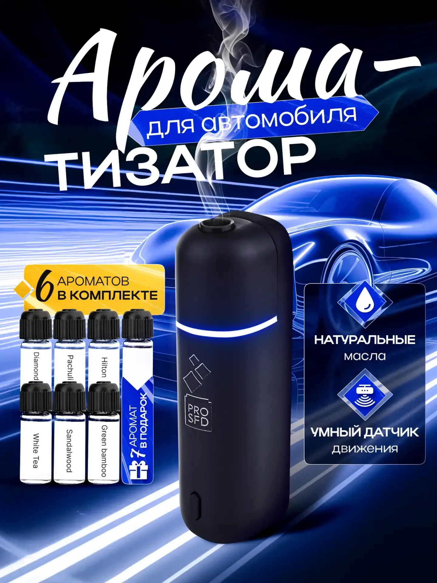 PROSFD — беспроводной ароматизатор в машину, 6 шт 🚗

Черный стильный корпус, 6 сменных блоков — све