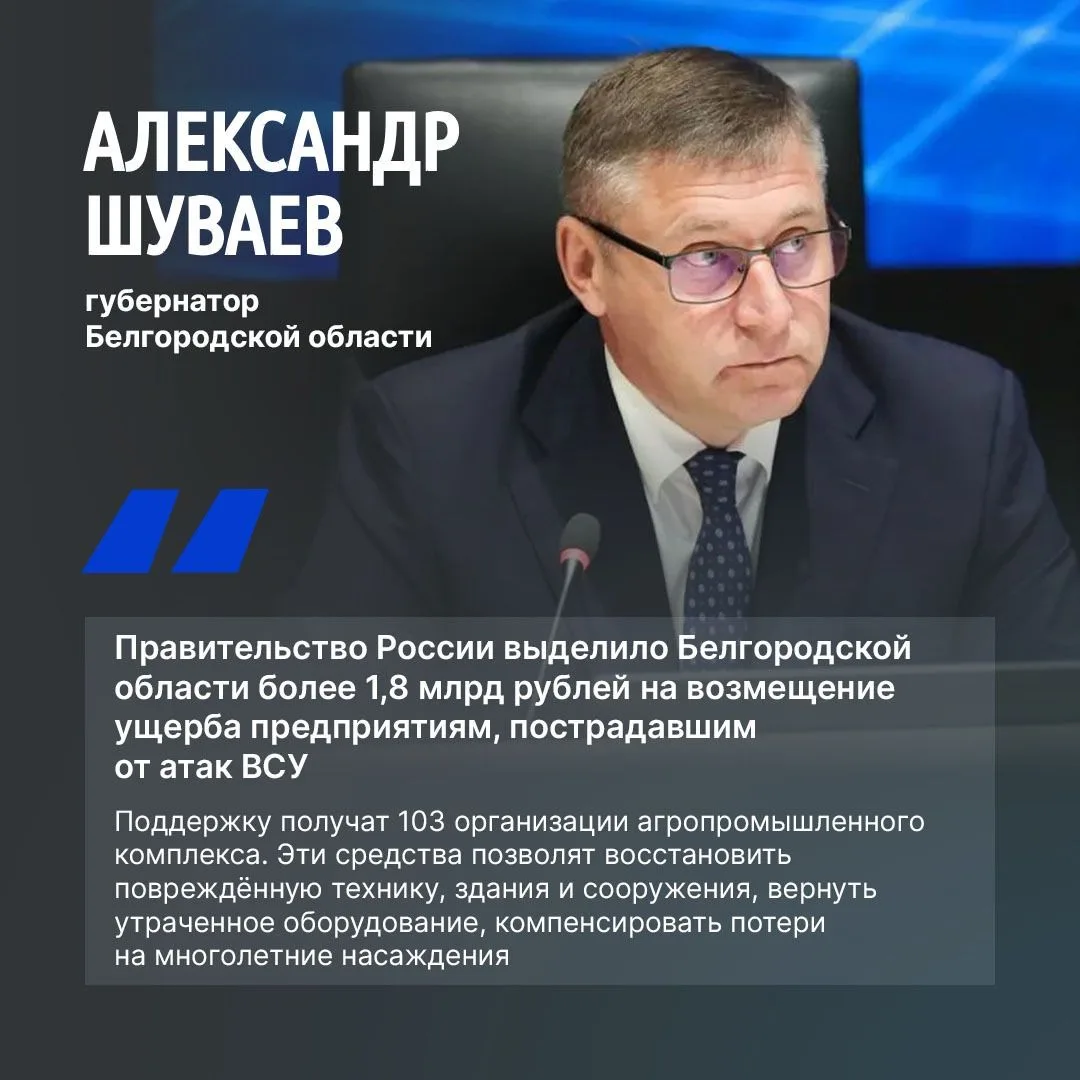Белгородские аграрии, пострадавшие от атак ВСУ, получат более 1,8 млрд рублей