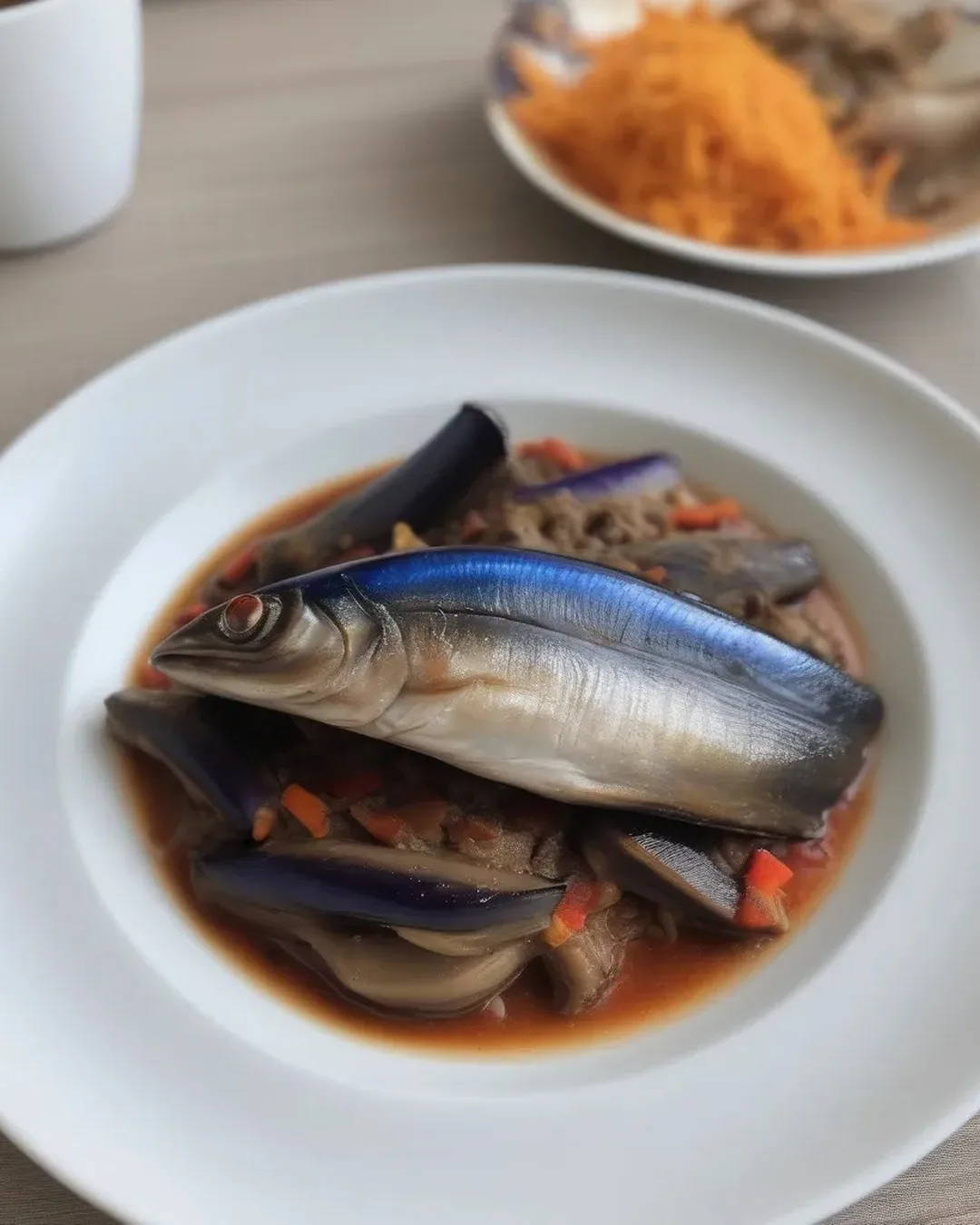 🌙 Ужин: Вчерашняя запечённая скумбрия с баклажаном и перцем