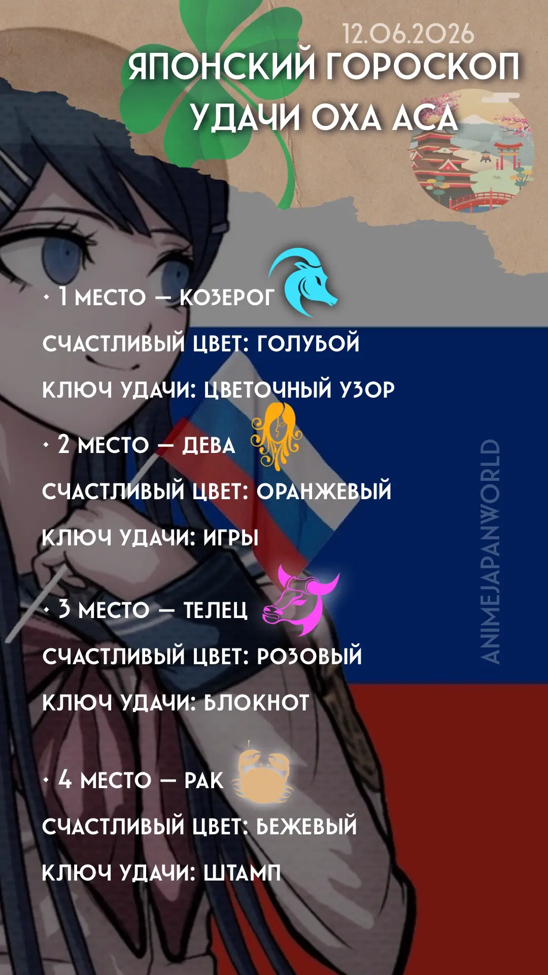 • Японский гороскоп удачи на сегодня (12.06.2026) ⛩️ Всем отличного дня!
С Днём России!🇷🇺
#гороско