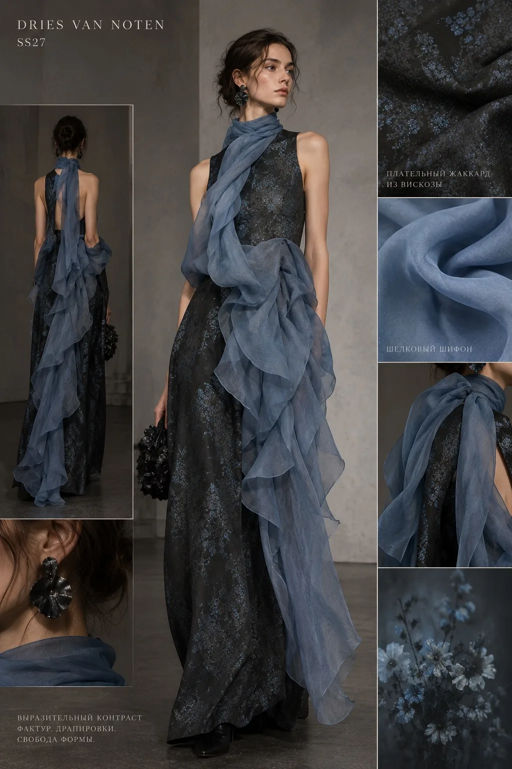 Роскошное сочетание текстур для образа в стиле Dries Van Noten SS27.