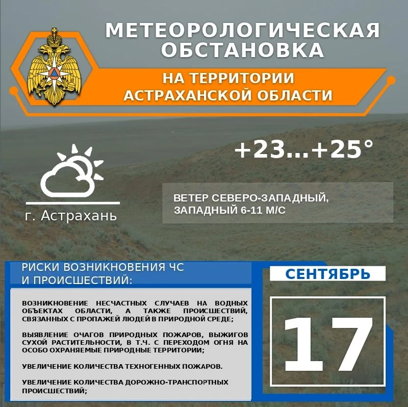 В Астрахани сегодня ожидается переменная облачность и небольшой дождь. Температура возд...