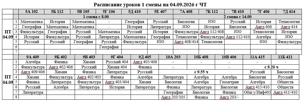 ❗️РАСПИСАНИЕ УРОКОВ НА 1 СМЕНУ 04.09.2026 ГОДА