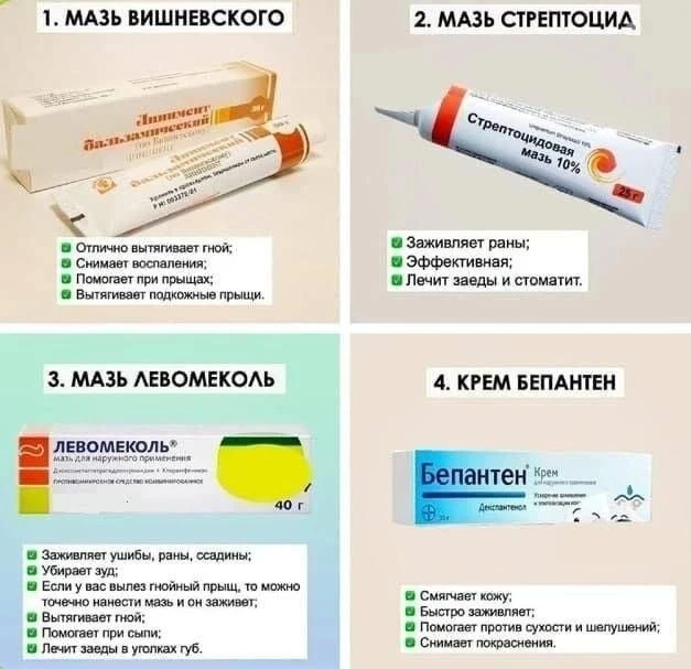 Незаменимые мази, которые стоит держать в домашней аптечке 🔥

1. Мазь Вишневского — вытягивает гной