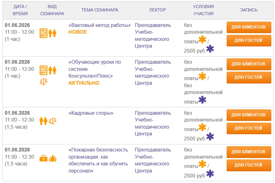 Расписание семинаров учебного центра на следующую неделю.