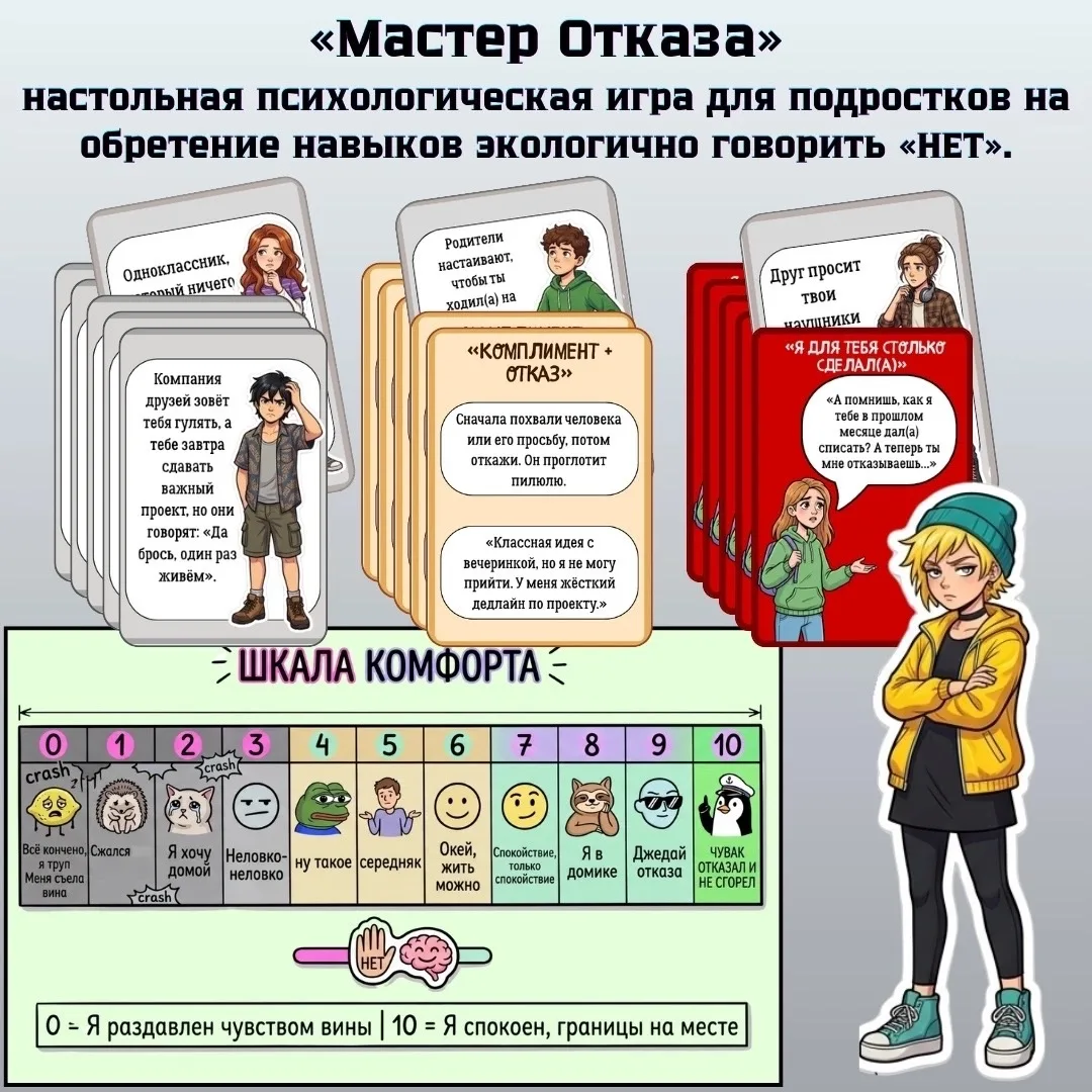 «Мастер Отказа»
настольная психологическая игра для подростков на умение говорить «НЕТ».

Эта игра п