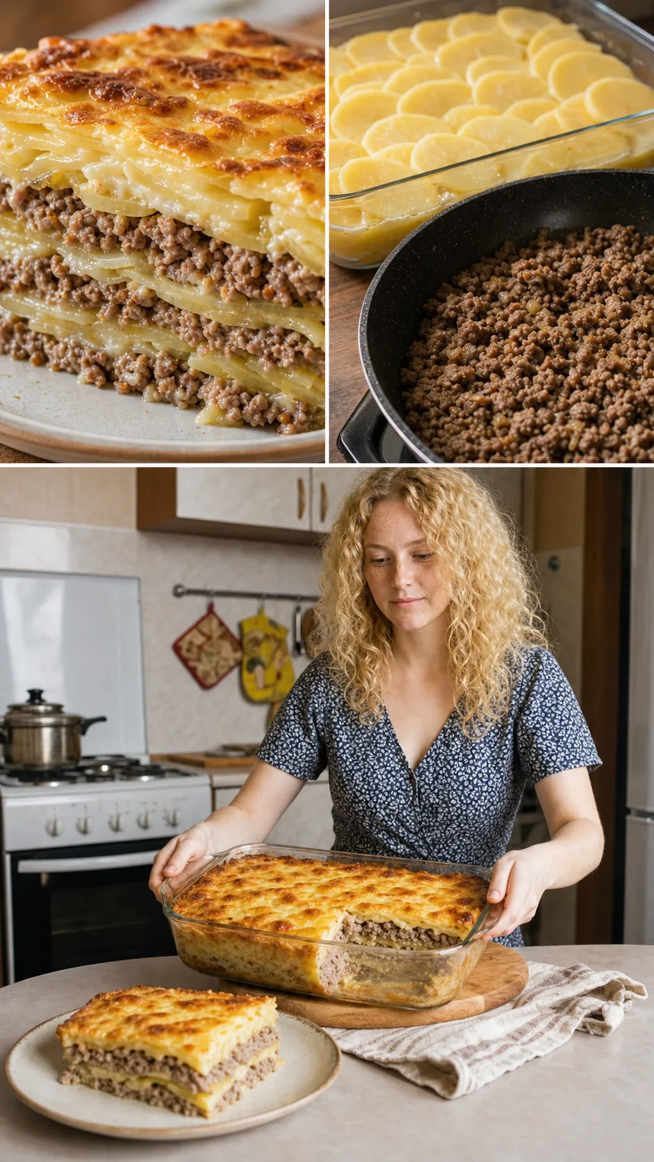 КАРТОФЕЛЬНАЯ ЗАПЕКАНКА С ФАРШЕМ ПРОПЕЧЁТСЯ РОВНО, ЕСЛИ ФАРШ СНАЧАЛА ПОДСУШИТЬ, А КАРТОФЕЛЬ НАРЕЗАТЬ 