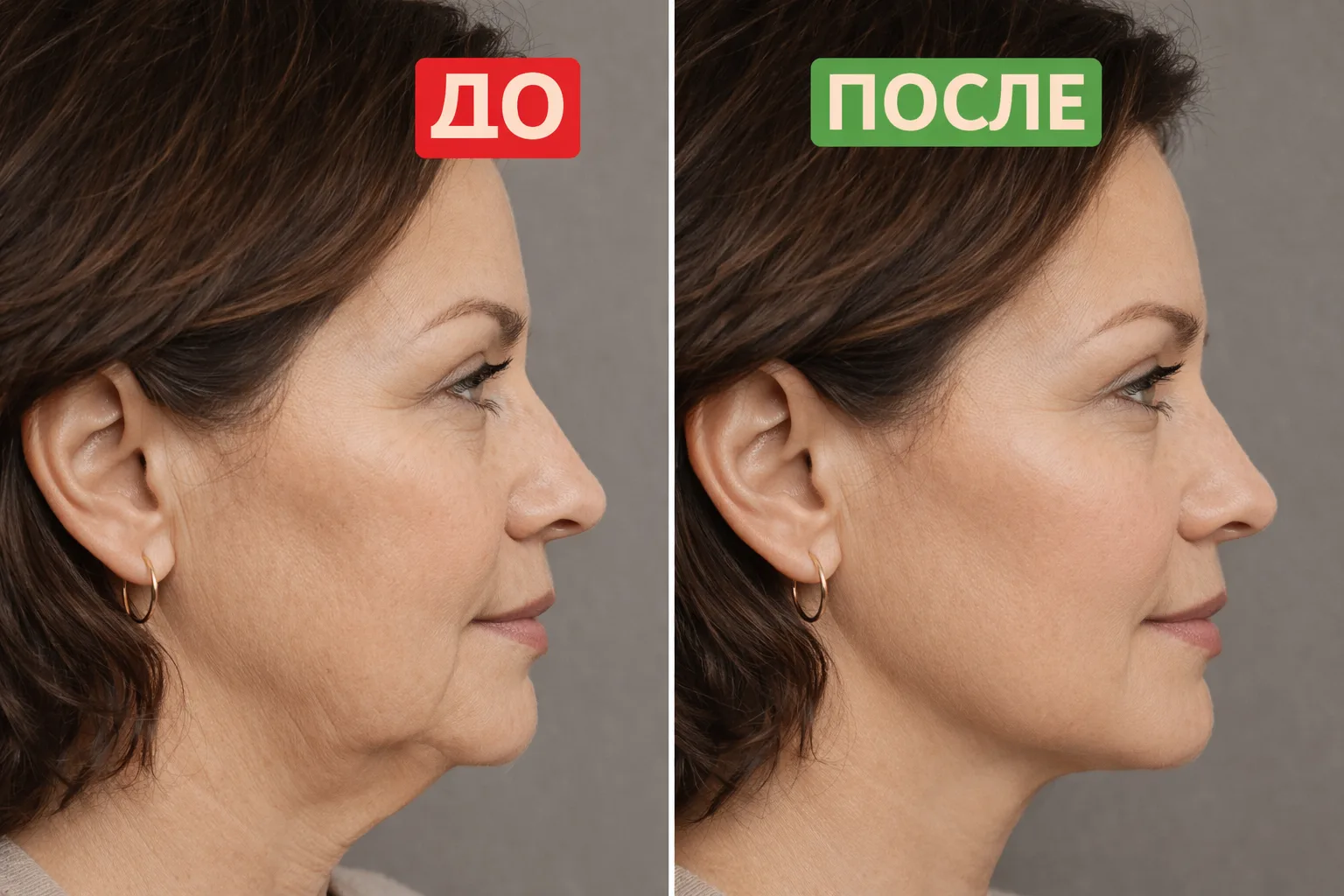 Брыли. Контур лица начинает «плыть». Щёки опускаются, линия челюсти становится неровной.