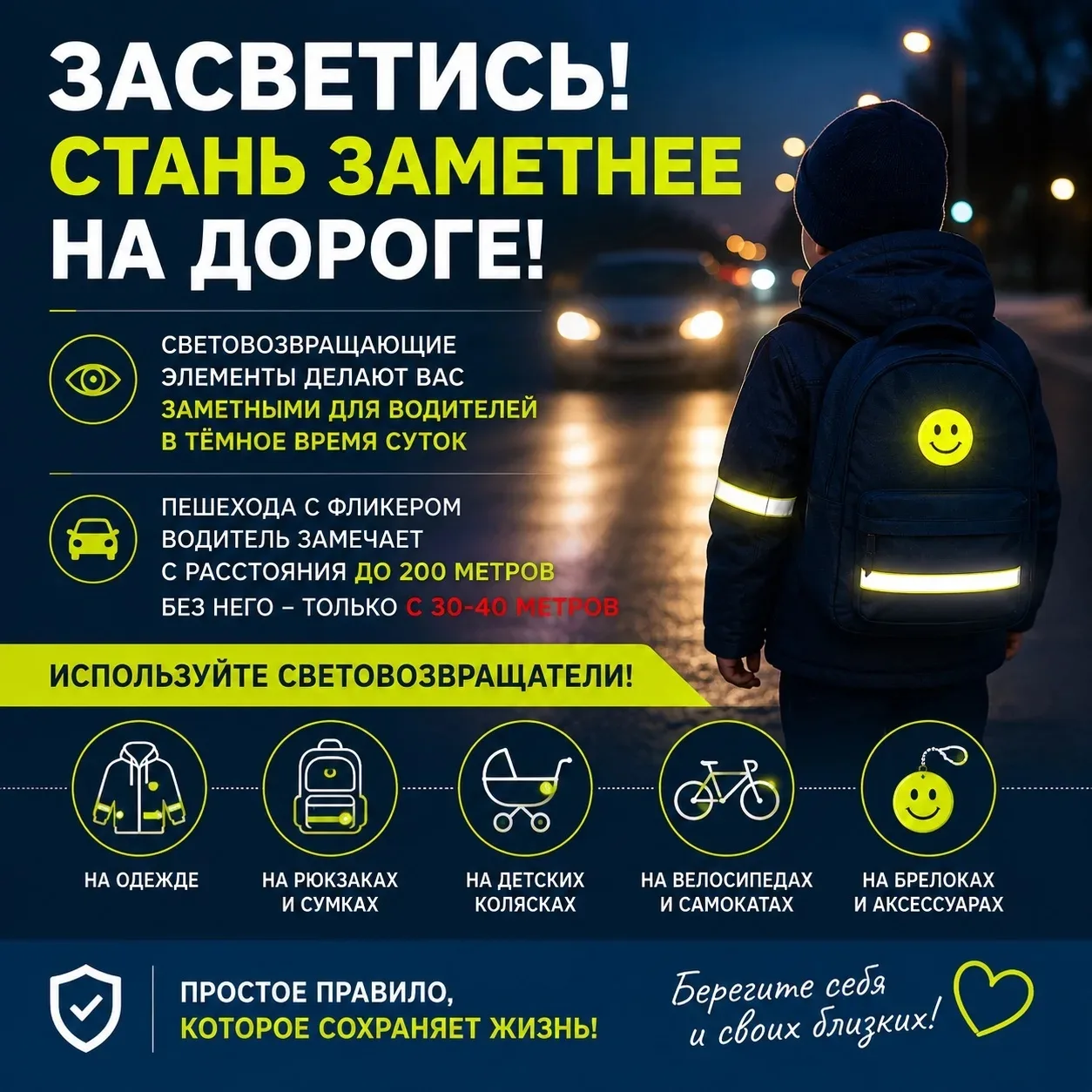 Световозвращающие элементы – простое средство, которое помогает сохранить жизнь и здоровье! 🚶‍♂️✨

