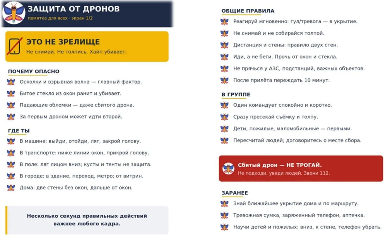 ПАМЯТКА
Защита от беспилотников (БПЛА): что делать обычному человеку

ГЛАВНОЕ - это не зрелище!
Дрон