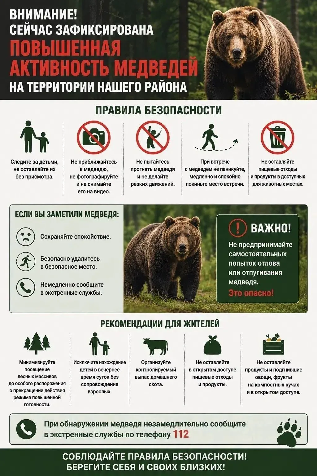 В связи с участившимися случаями выхода медведей к населенным пунктам и повышенной акти...