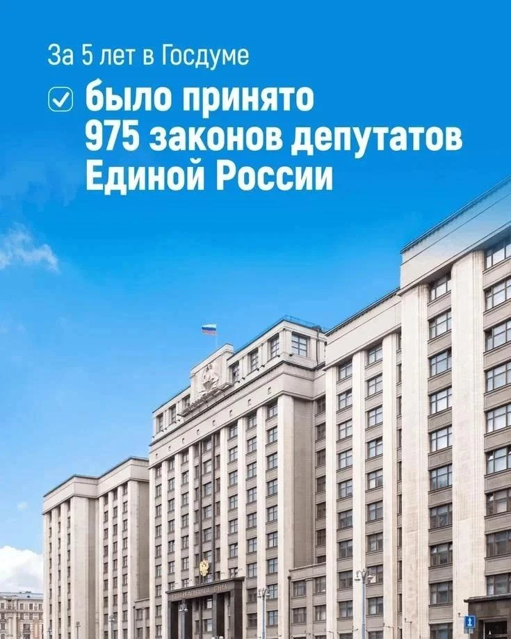 Госдума в VIII созыве приняла 975 законов депутатов Единой России. Государственную подд...