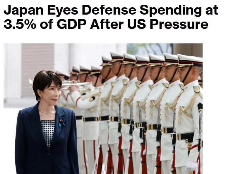 ⚡️Япония под давлением США может поднять военные расходы до 3,5% ВВП, — Bloomberg.