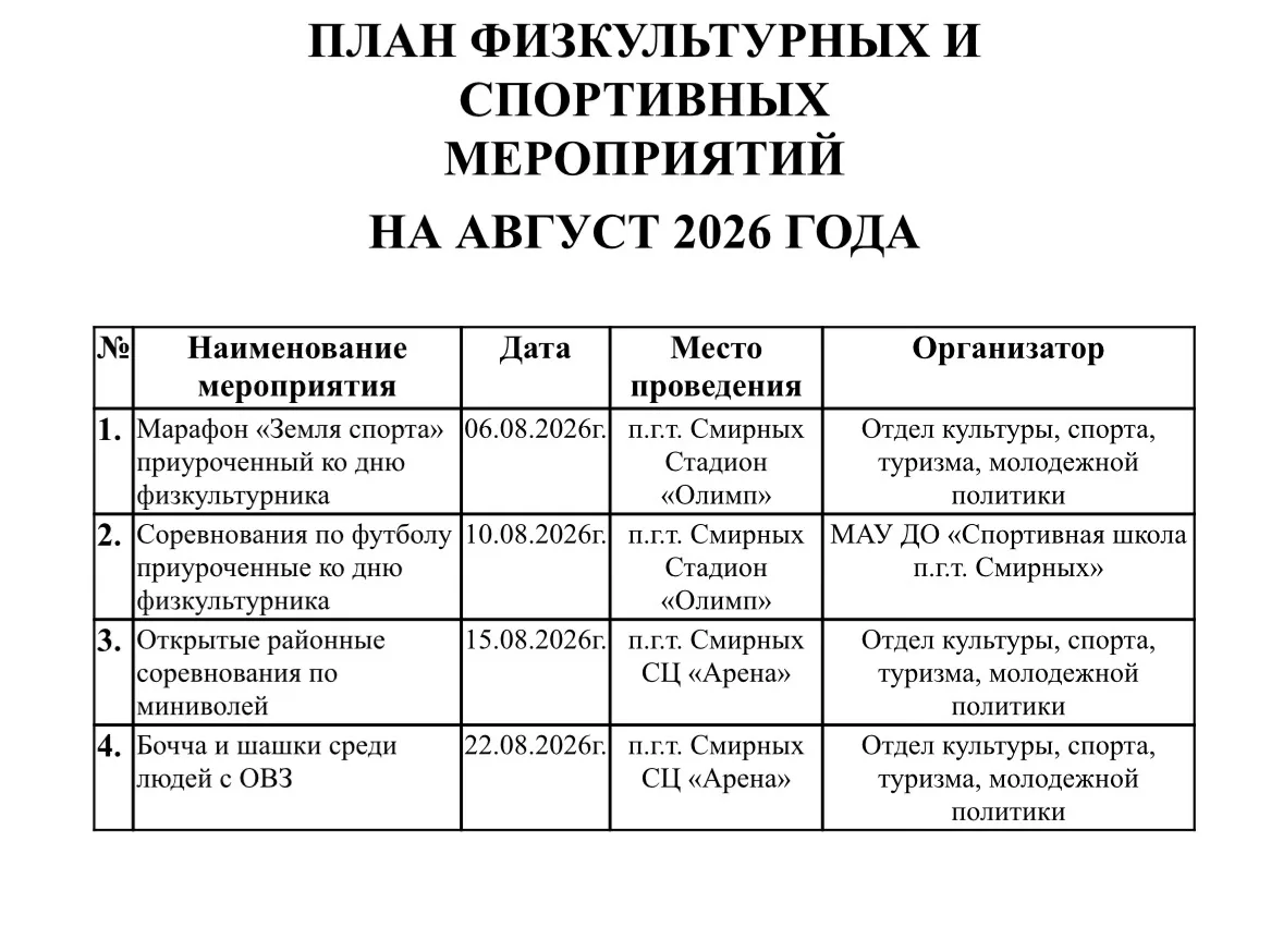 Уважаемые гости и жители Смирныховского района! 

📌Информируем Вас о плане предстоящих основных физ