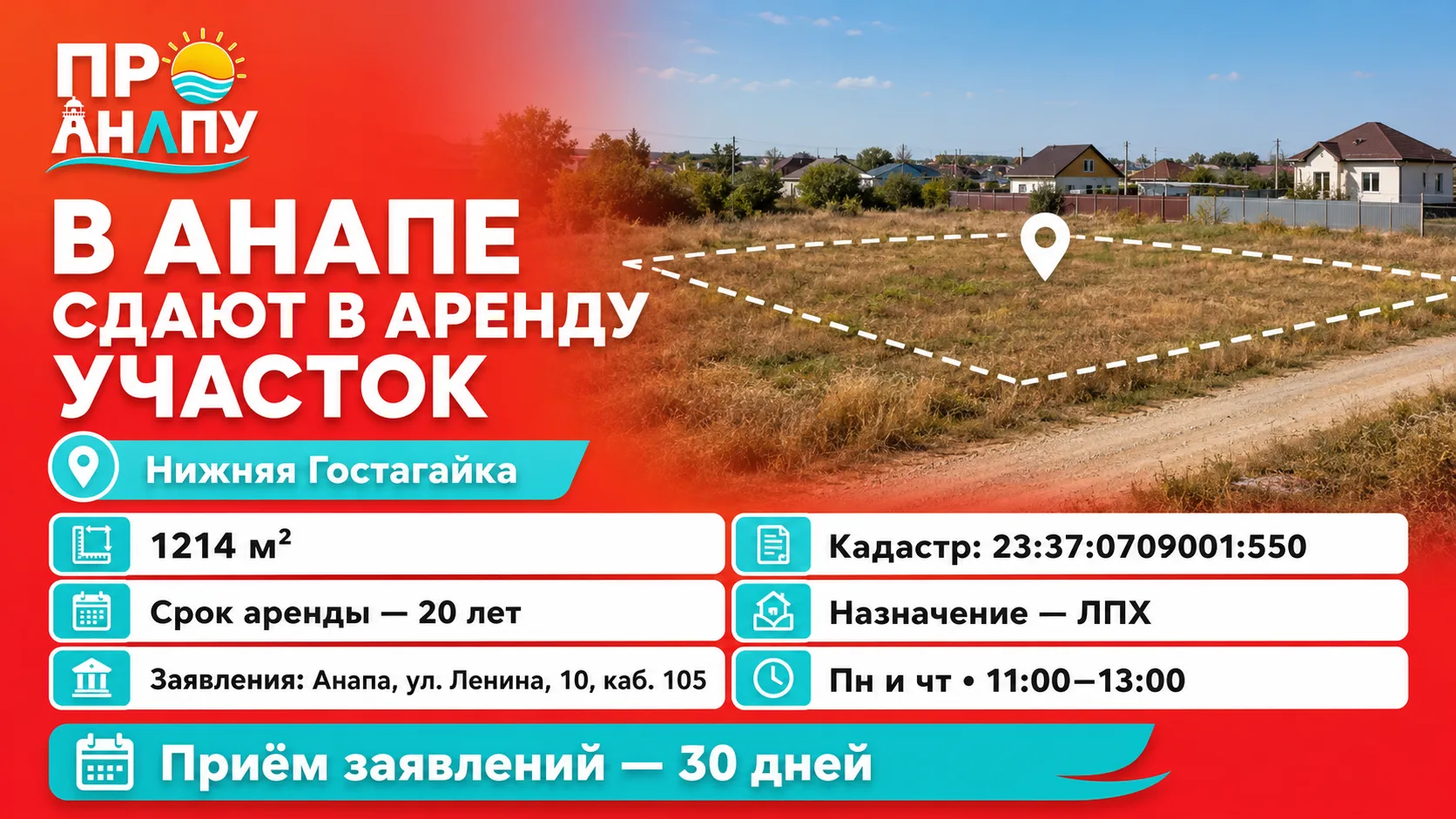 В Анапе предлагают взять в аренду земельный участок на 20 лет в хуторе Нижняя Гостагайка