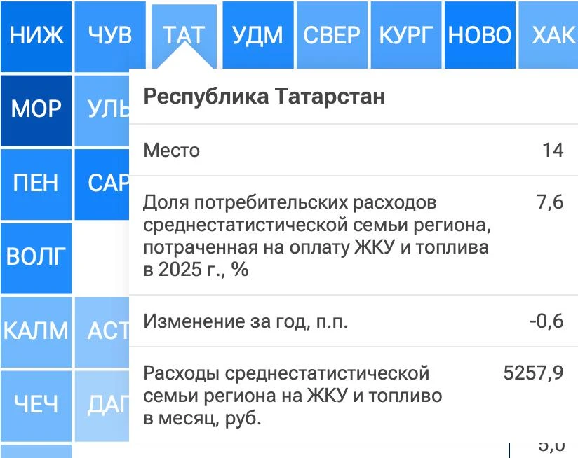 Татарстан оказался на 14-м месте по доле расходов жителей на ЖКУ и топливо