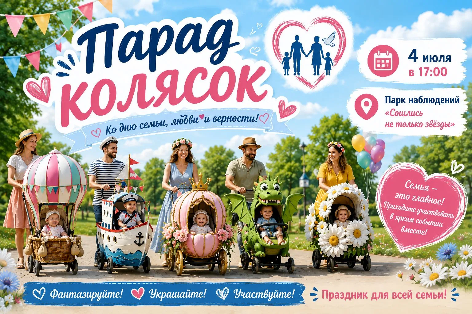 Парад колясок — семейный конкурс‑шествие

💫Когда: 4 июля 2026 г.

📍Где: Парк наблюдений «Сошлись н
