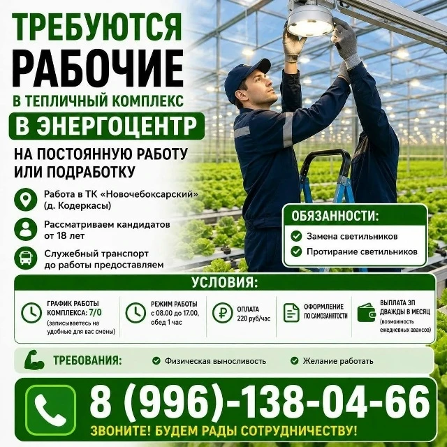Требуются рабочие в тепличный комплекс в энергоцентр на постоянную работу
или подработку.
Работа в Т