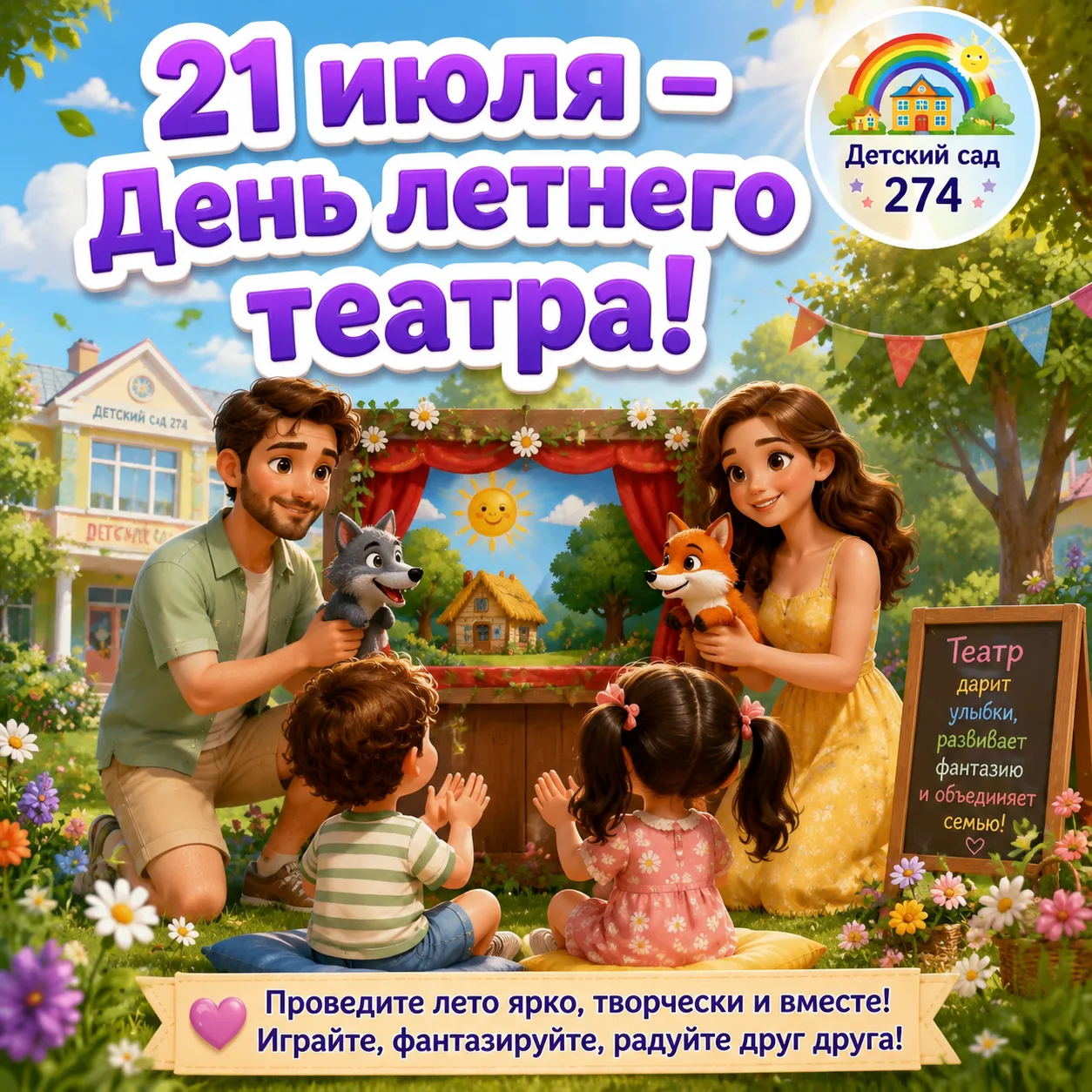 🎭 21 июля — День летнего театра! ☀️
Лето — это время ярких впечатлений, весёлых игр и маленьких чуд