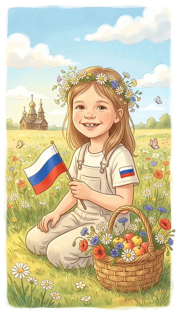 Сохрани узнаваемость ребёнка с референсного фото, но стилизуй лицо под арт-стиль открытки. Примени х