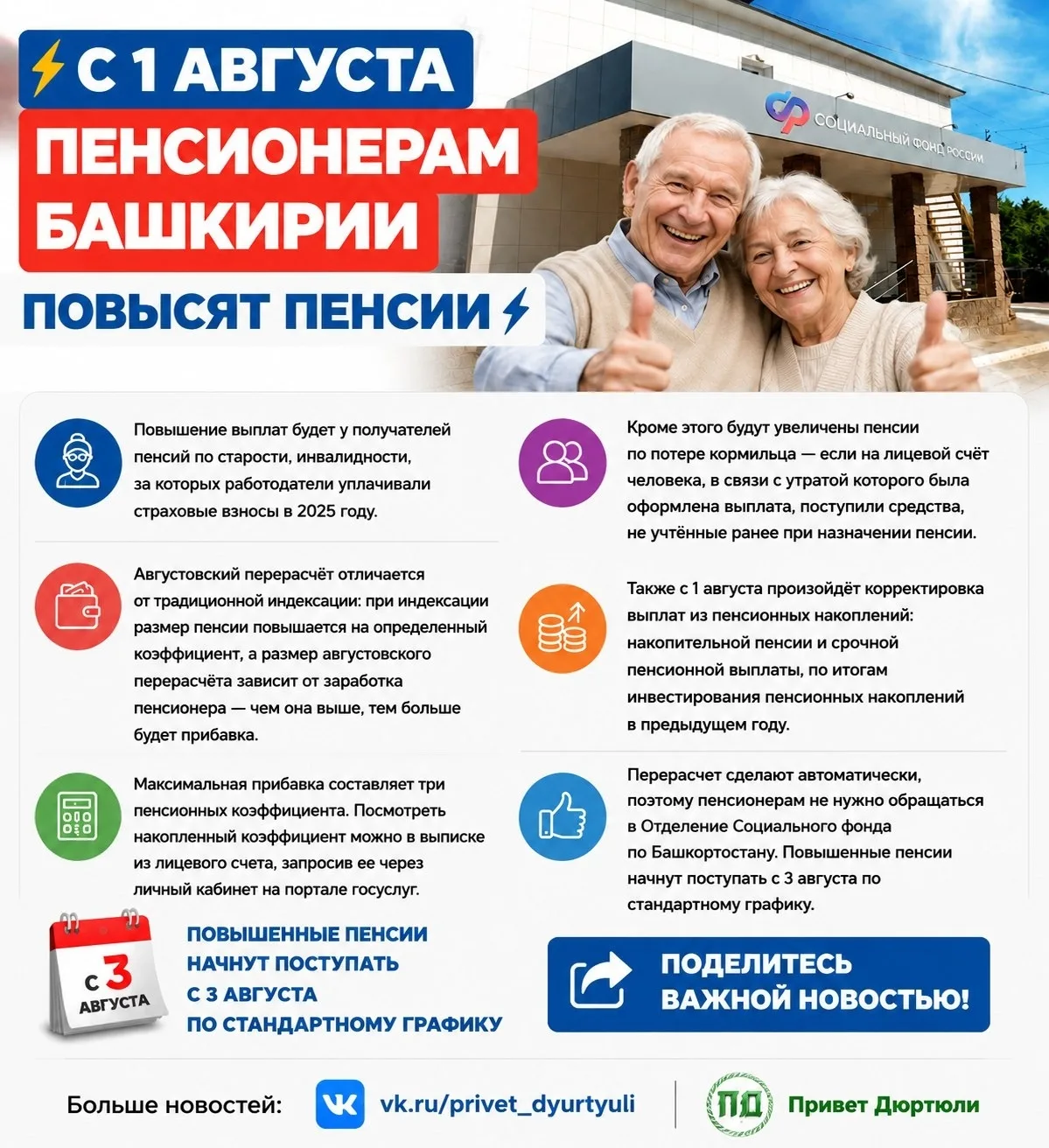 ⚡ С 1 августа в Башкирии повысят пенсии 📍

Пенсии по старости и инвалидности вырастут в зависимости