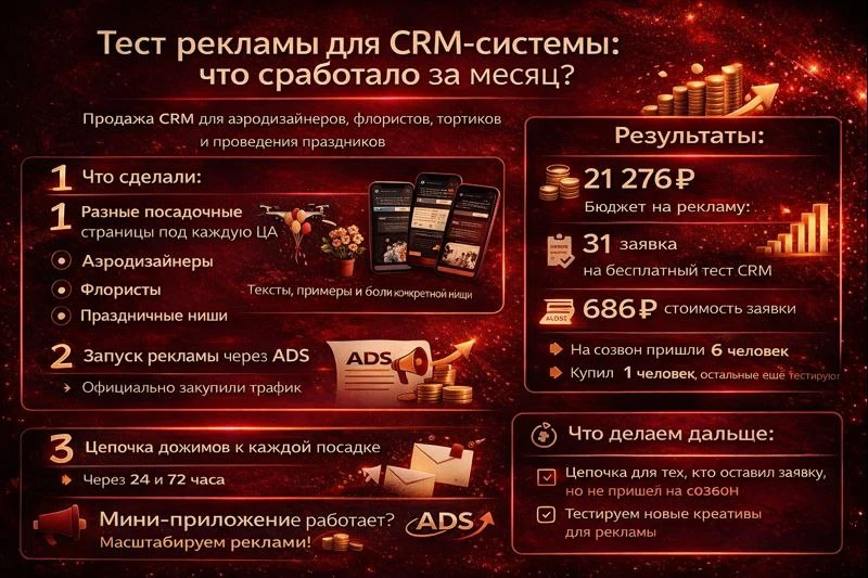 Тест рекламы для CRM-системы: что сработало, цифры и выводы

Продолжаю рассказывать, как мы запускае