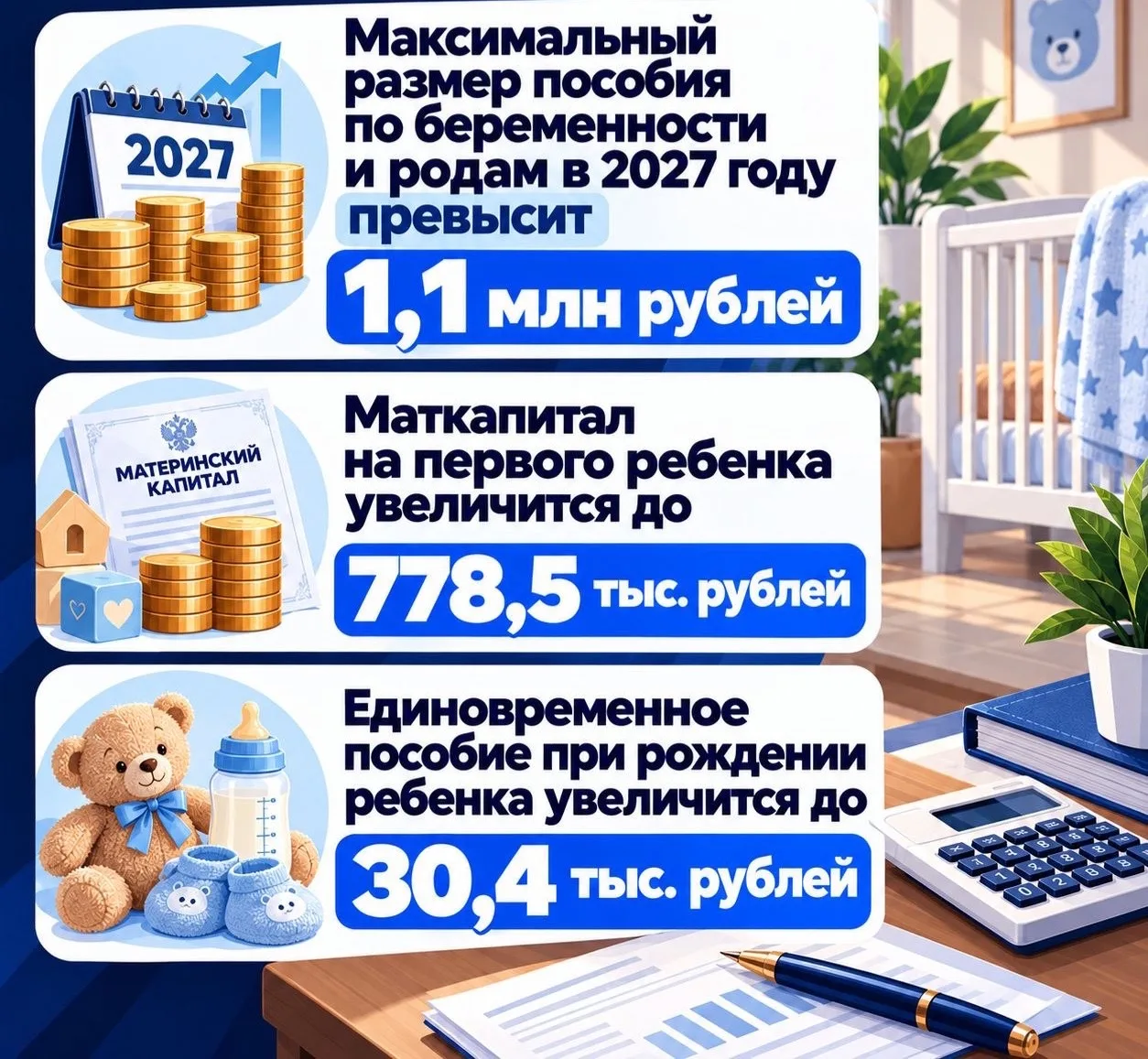 В 2027 году маткапитал на первого ребёнка вырастет до 778,5 тыс. рублей, а максимальное...
