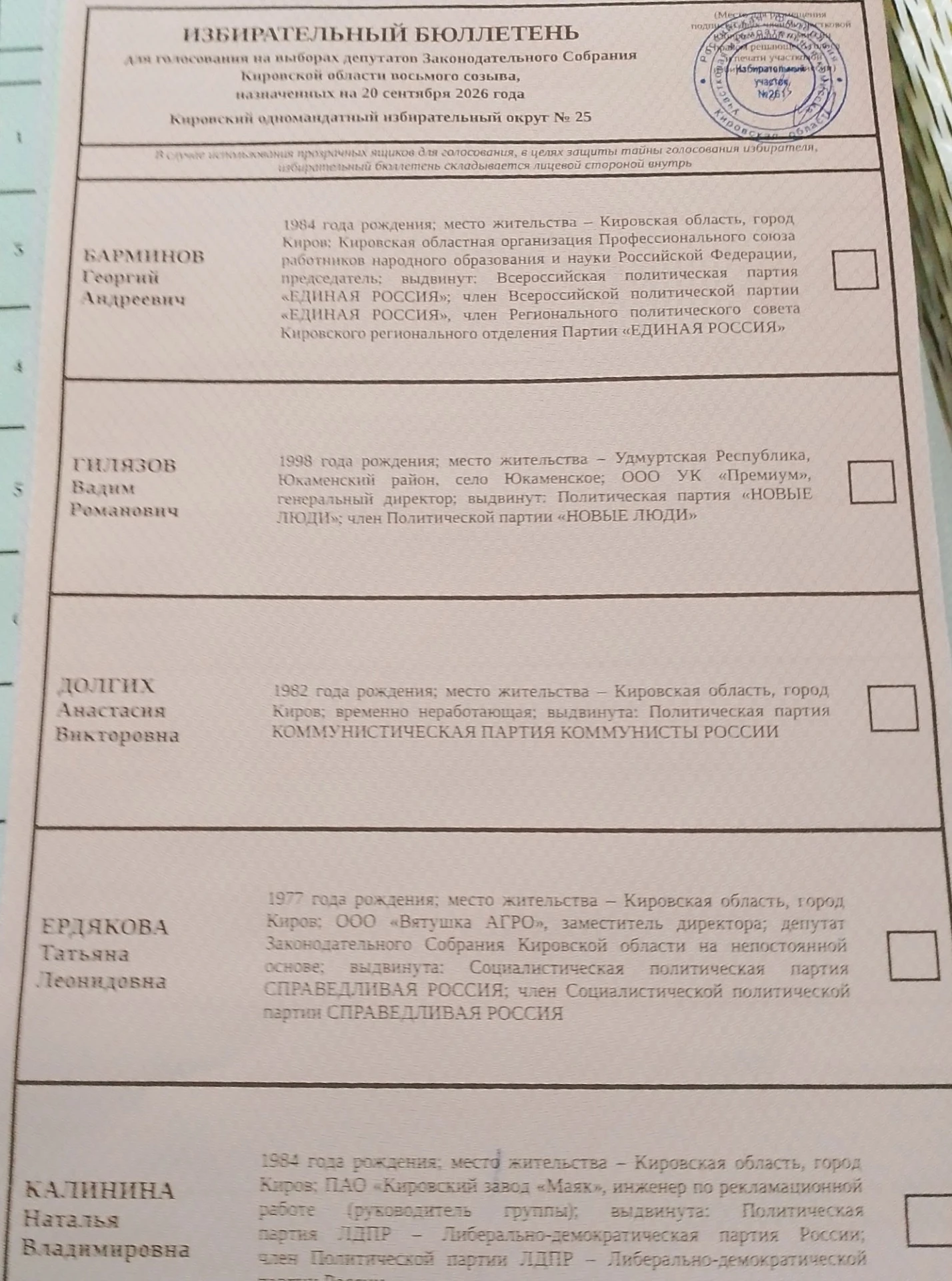 ⚡В бюллетене по 25-му одномандатному округу на выборах в Законодательное собрание Киров...