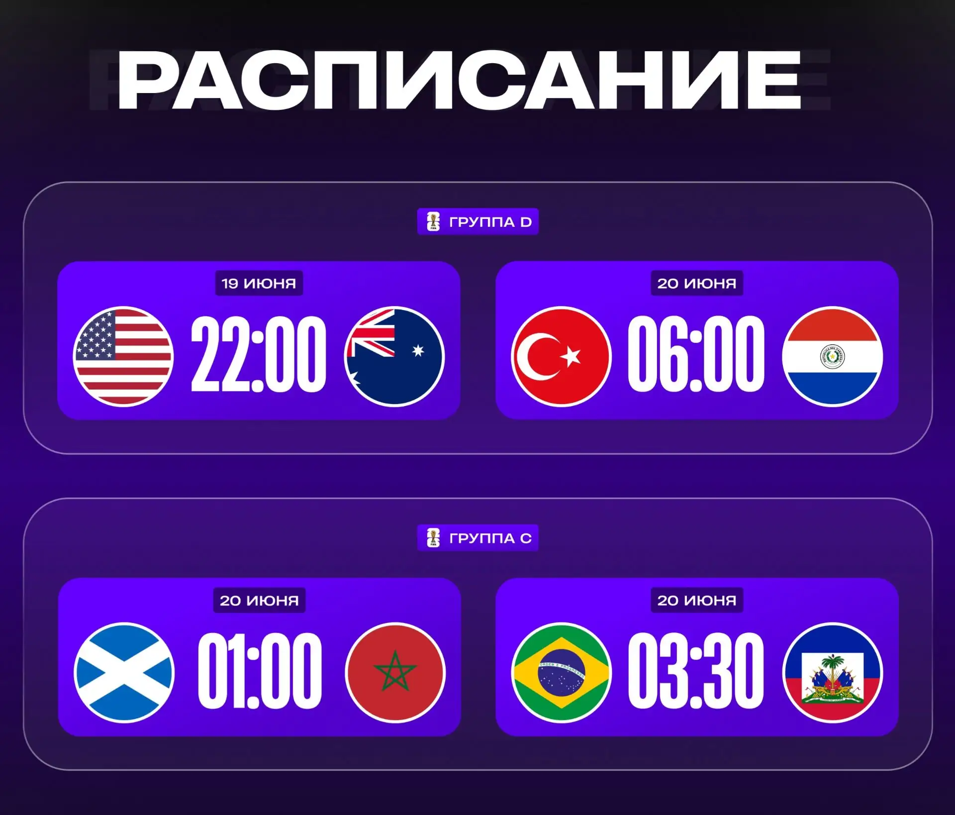 🏆 ЧЕМПИОНАТ МИРА – РАСПИСАНИЕ 
 
Группа D, 2-й тур 
 
⏰ 19.06 22:00 🇺🇸 США – Австралия 🇦🇺 
⏰ 20