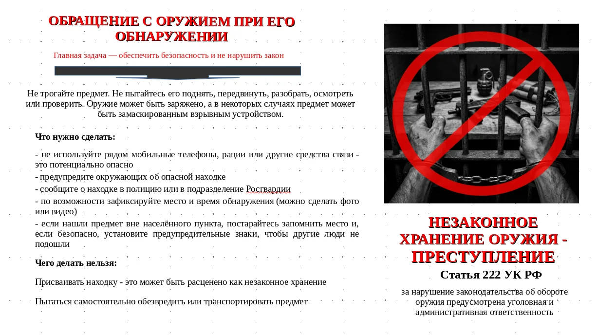 Памятка об обращении с оружием при его обнаружении.