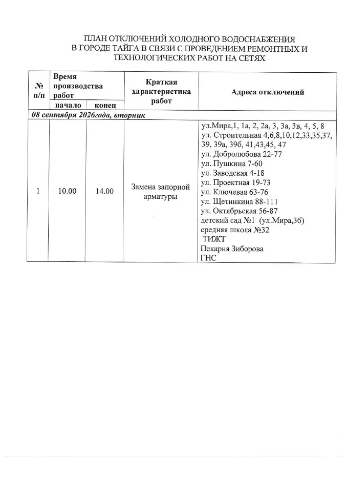 🚰 ООО «Тайгинское BKX» уведомляет об отключении холодного водоснабжения ❗08.09.2026 с ...