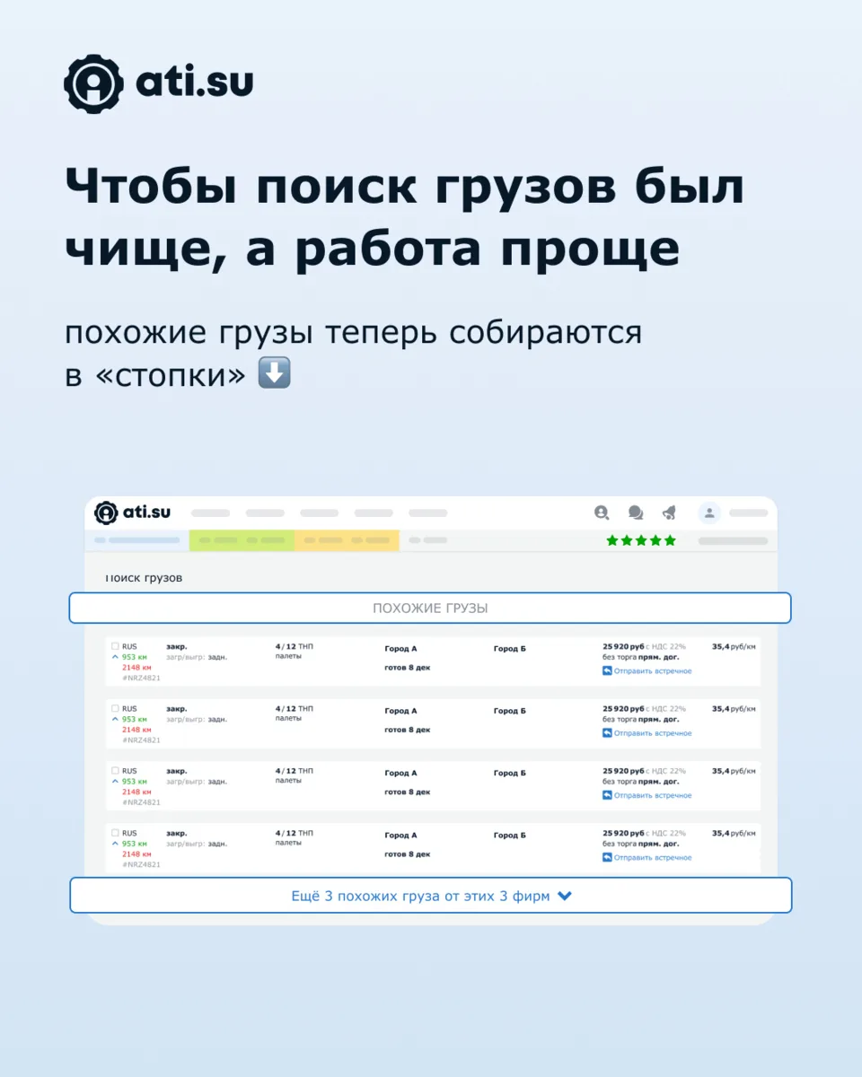 Похожие грузы теперь собираются рядом: поиск стал чище для перевозчика

В Поиске грузов на ATI.SU 