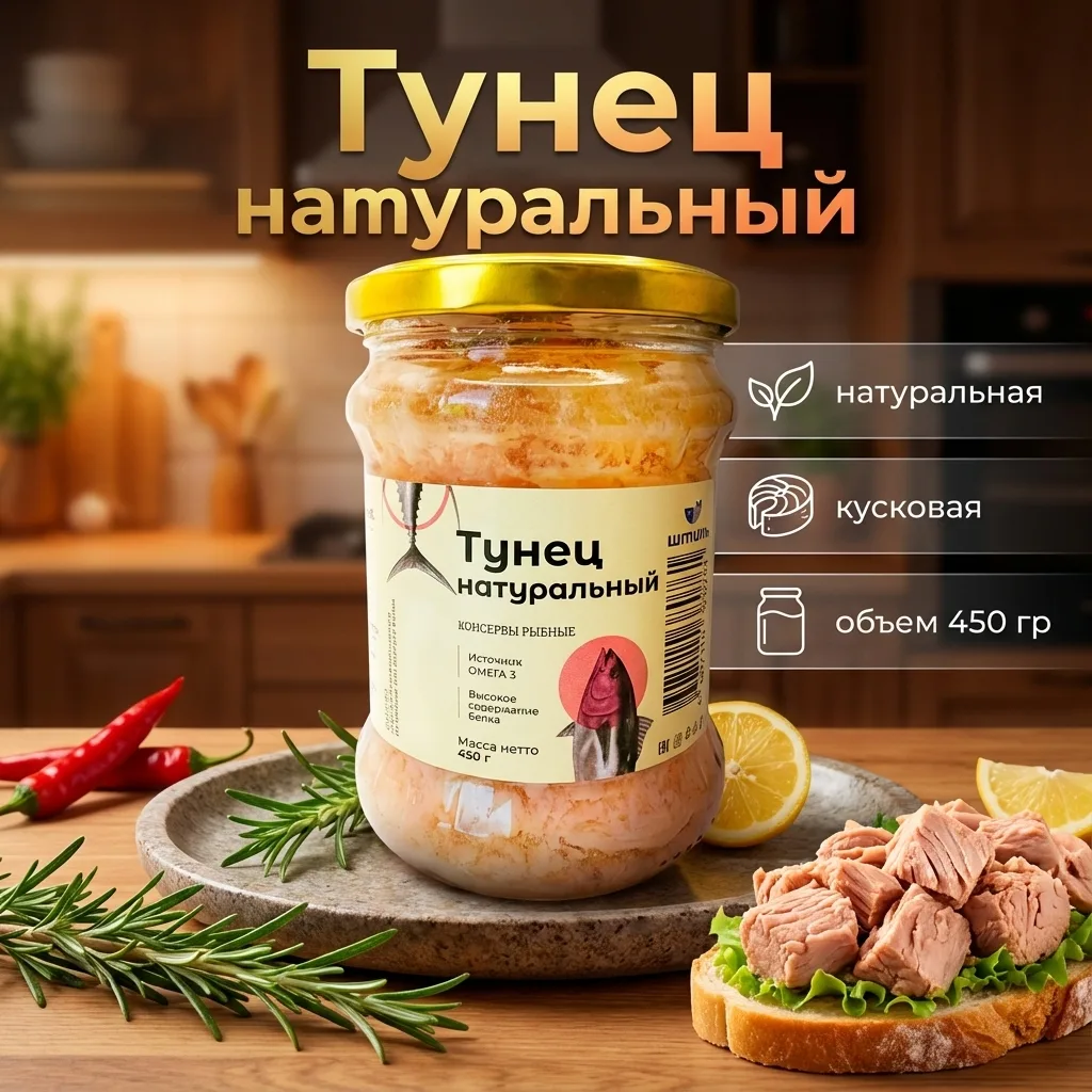 👉🥫Тунец натуральный, стекло 500 мл., 450 гр., цена: 6️⃣5️⃣0️⃣ ₽/банка. арт. 5401