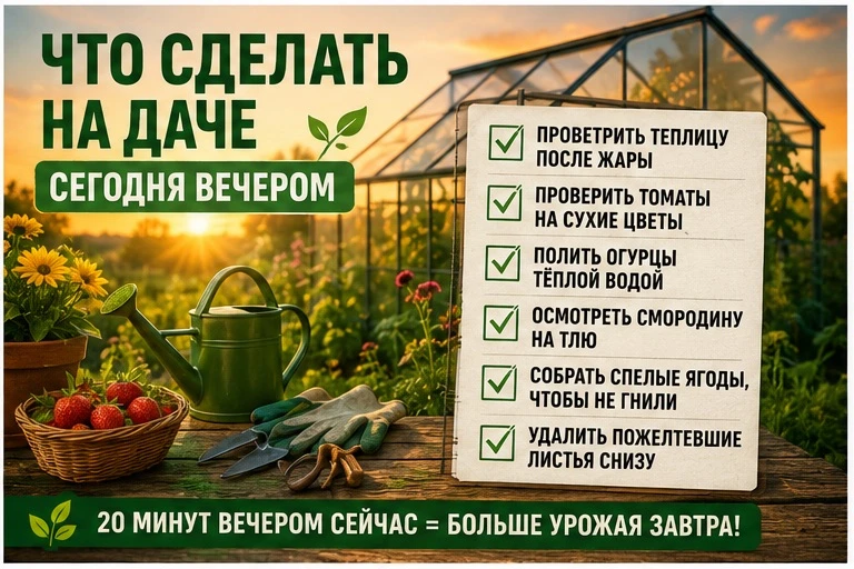 🌱 ЧТО СДЕЛАТЬ НА ДАЧЕ СЕГОДНЯ ВЕЧЕРОМ

Вечерний чеклист дачника 👇

☑ Проветрить теплицу после жары