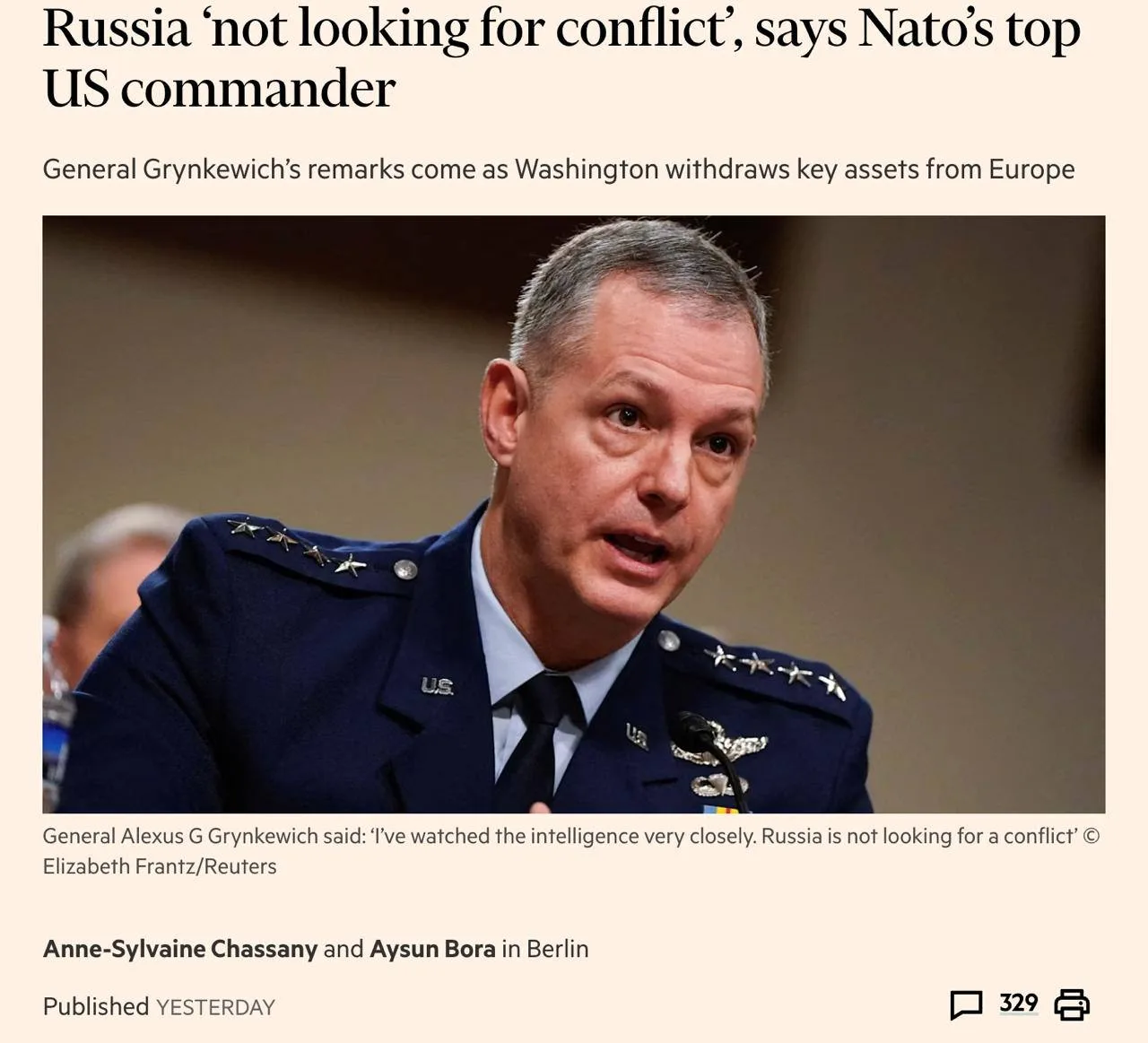 "Россия не стремится к войне с НАТО" - заявил главнокомандующий силами альянса в Европе, генерал Але