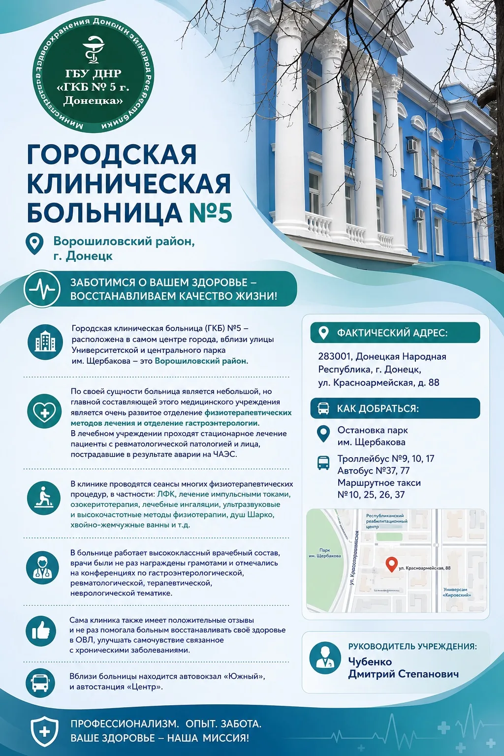 Городская клиническая больница (ГКБ) №5 – расположена в самом центре города, вблизи улицы Университе