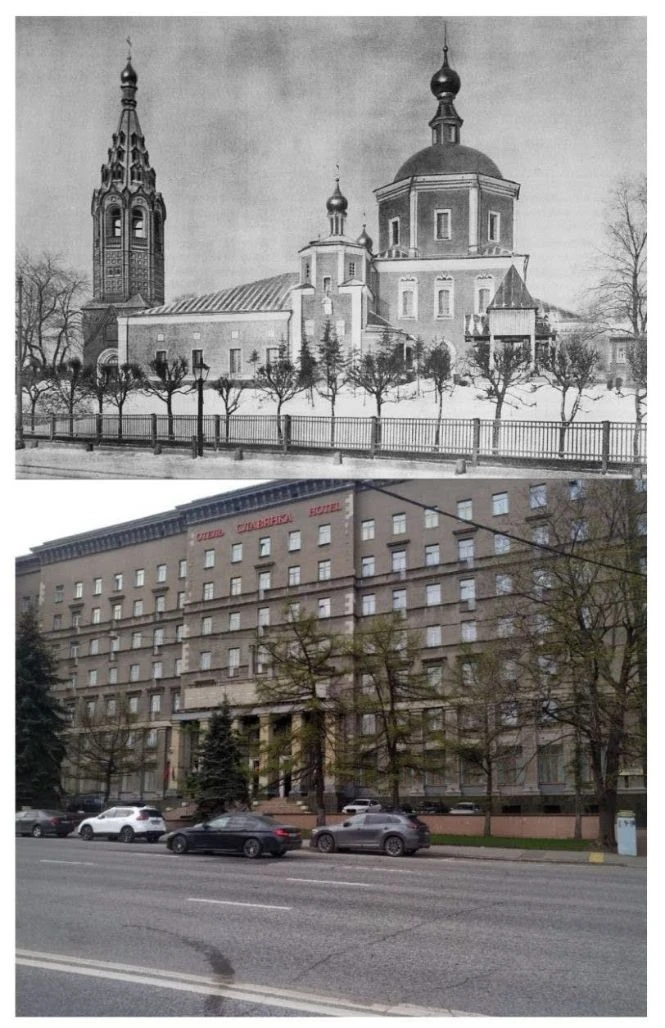 Старая Божедомка (ныне улица Дурова). На чёрно-белом снимке 1882 год, храм Иоанна Воина, что на Убог
