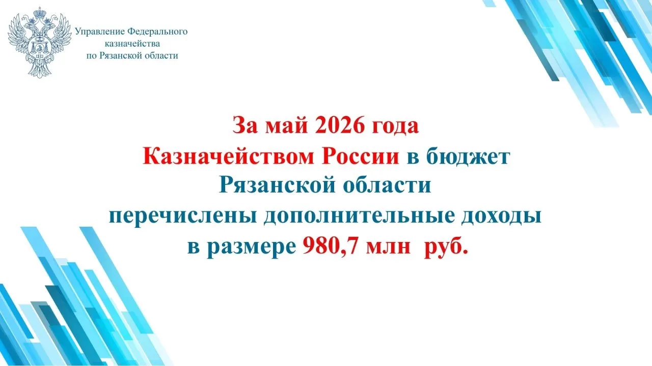 8️⃣ июня 2026 года Казначейством России в бюджет Рязанской области перечислены дополнительные доходы