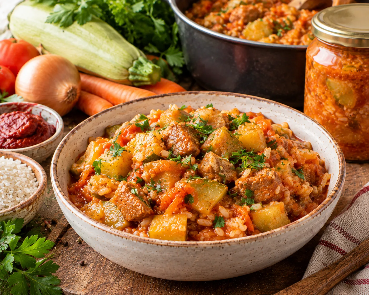 🥒 Лечо из кабачков с рисом и мясом — сытный ужин в одной кастрюле! 🍚
