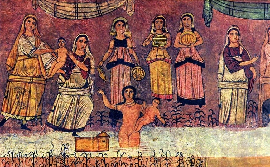 Фрески в синагоге в Дура-Европос, III в., совр. Сирия  1) Общий план 2) Египетская царевна находит М