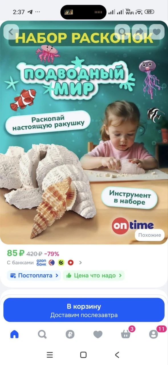 ON TIME Раскопки для детей ракушка , с фигуркой настоящей ракушки, 6+