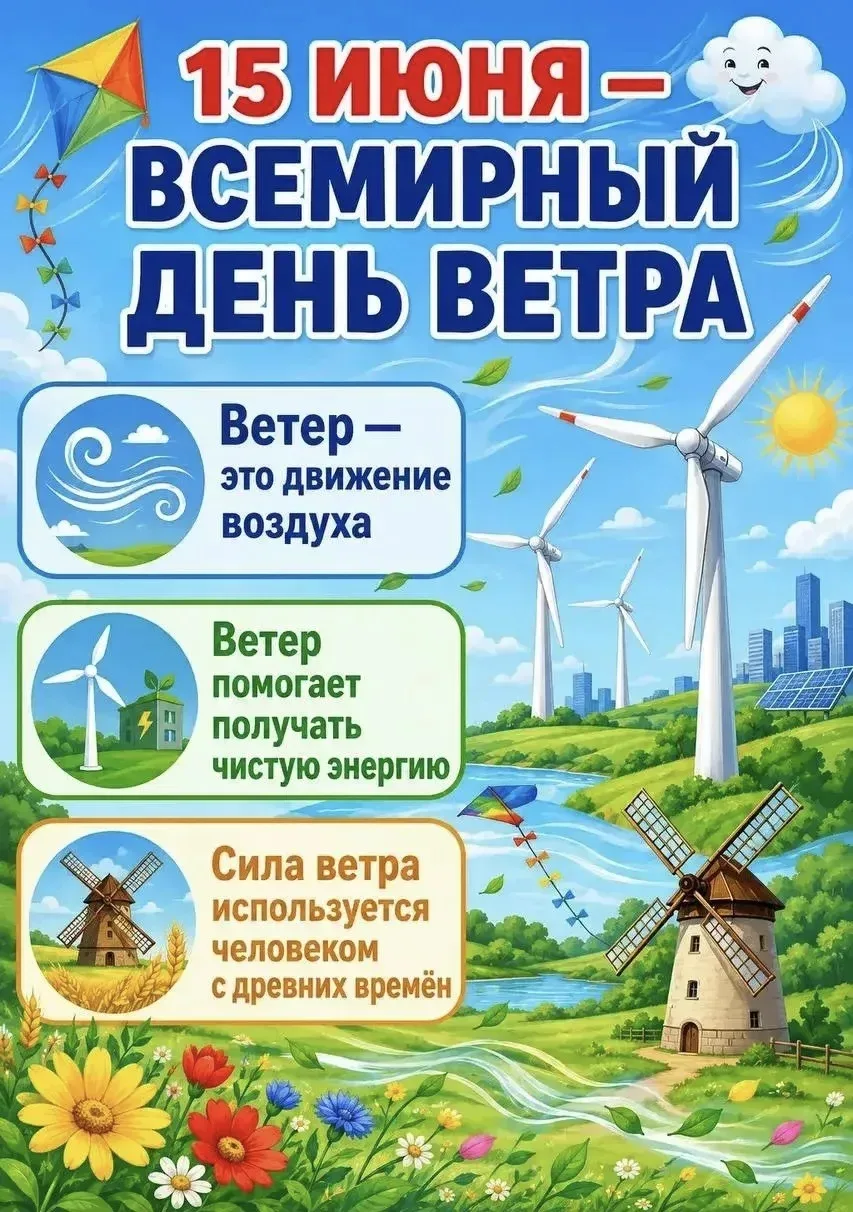 15 июня отмечается Всемирный день ветра.
  Этот праздник появился в 2007 году по инициативе Европейс