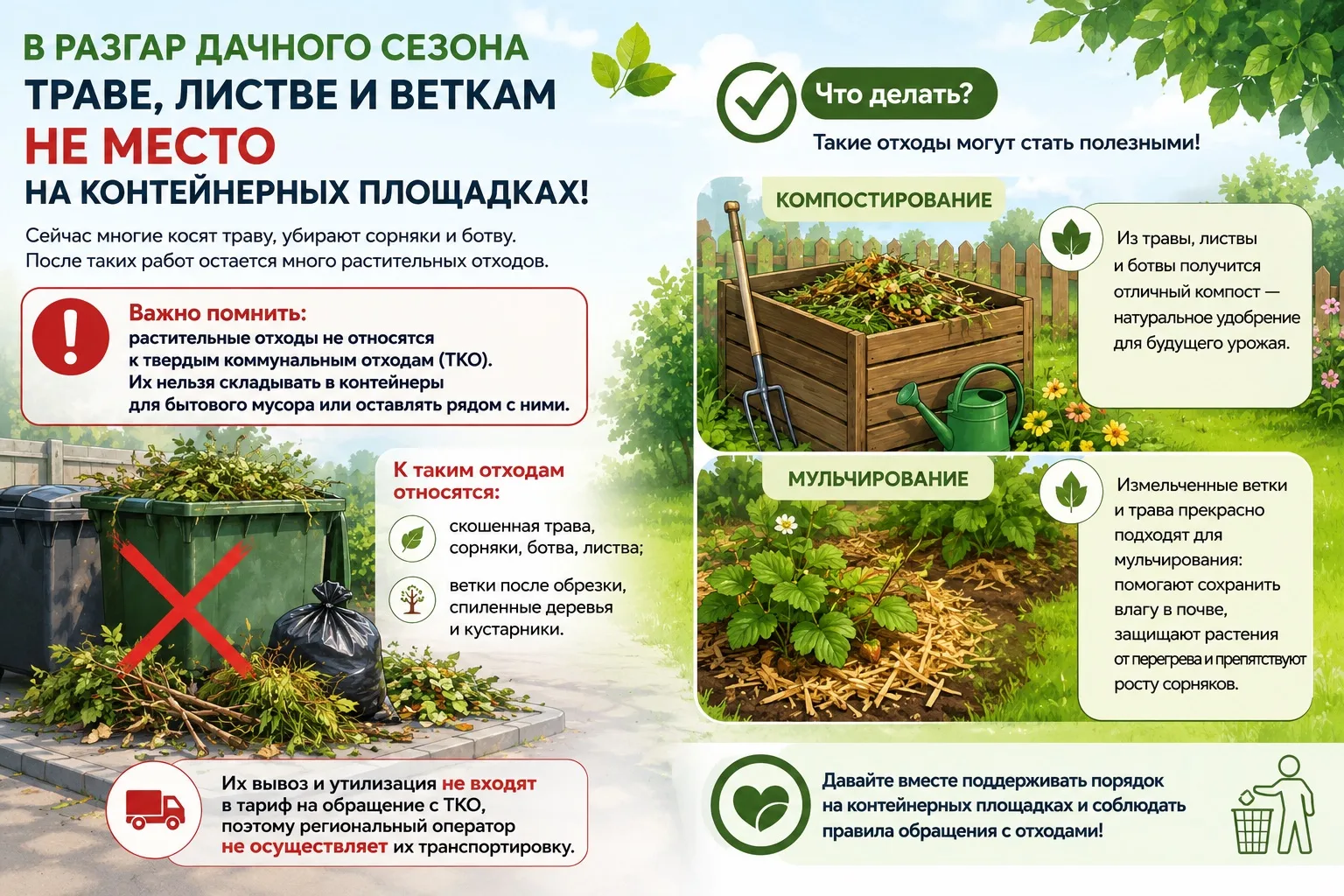 🌿 В разгар дачного сезона напоминаем: траве, листве и веткам не место на контейнерных площадках 

С
