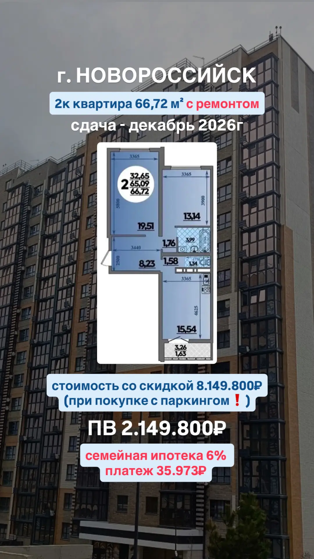 Сегодня смотрели с клиентами 2к квартиру в Новороссийске в 10 минутах от моря 🌊