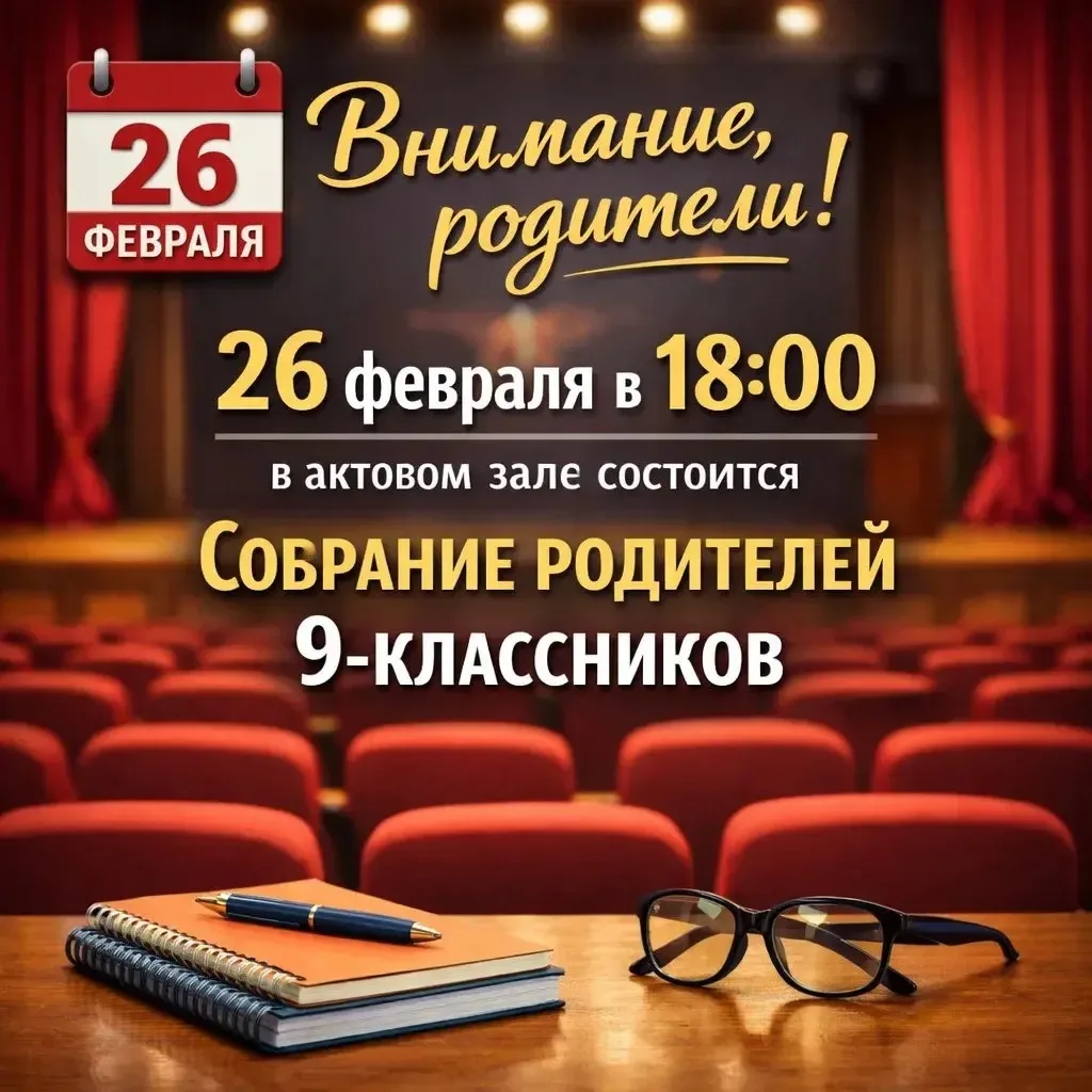 Собрание родителей учащихся 9-х классов  Дата: 26 февраля Время: 18:00 Место проведения: Актовый зал