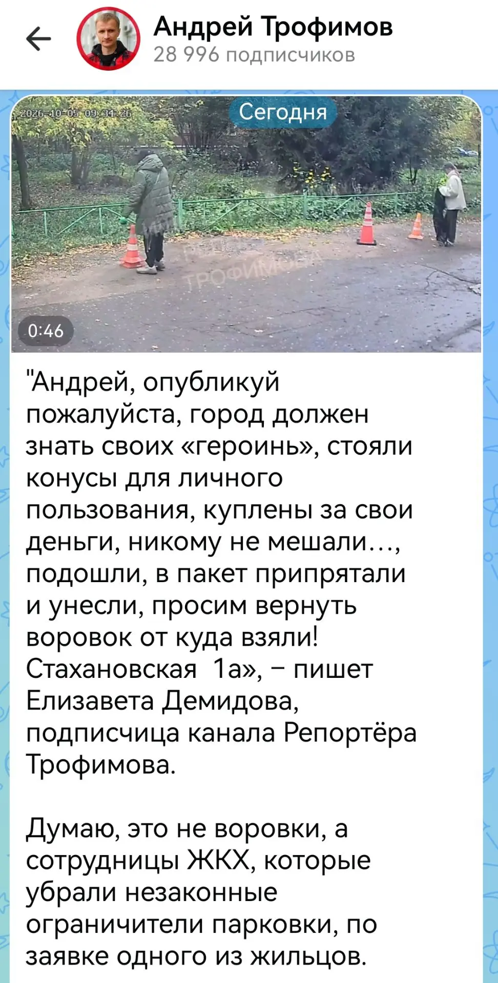 У нас во дворе не конусы ставили, а баклажки пятилитровые с водой. Я их оставлял, парко...