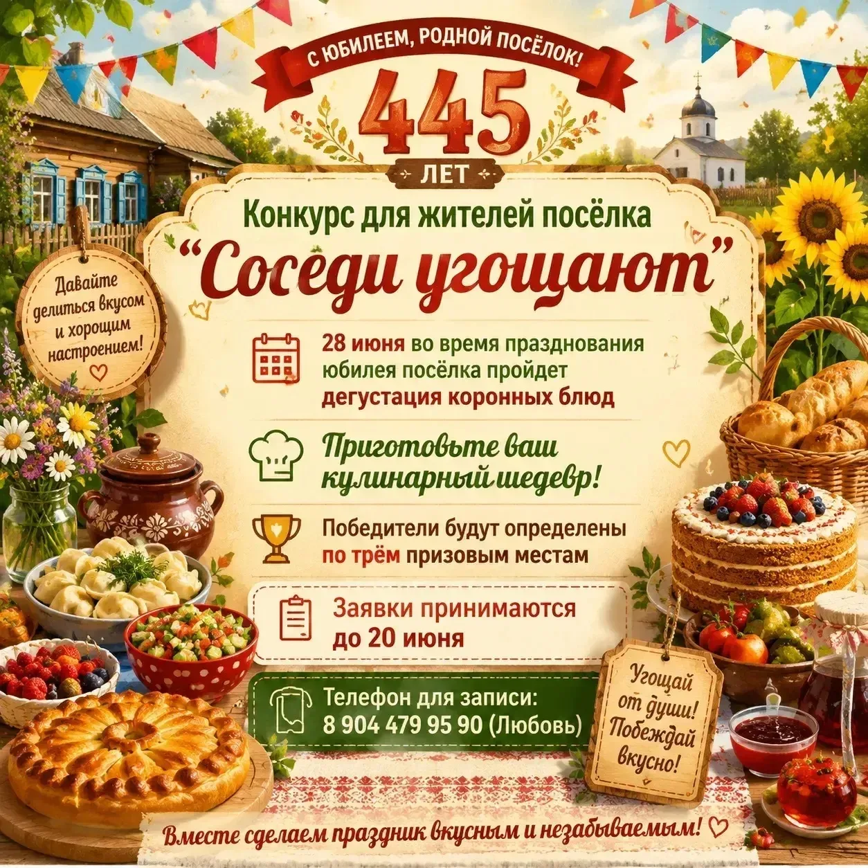 🍲 Конкурс «Соседи угощают»! Покажите свой кулинарный талант на юбилее поселка!

Дорогие соседи! 2