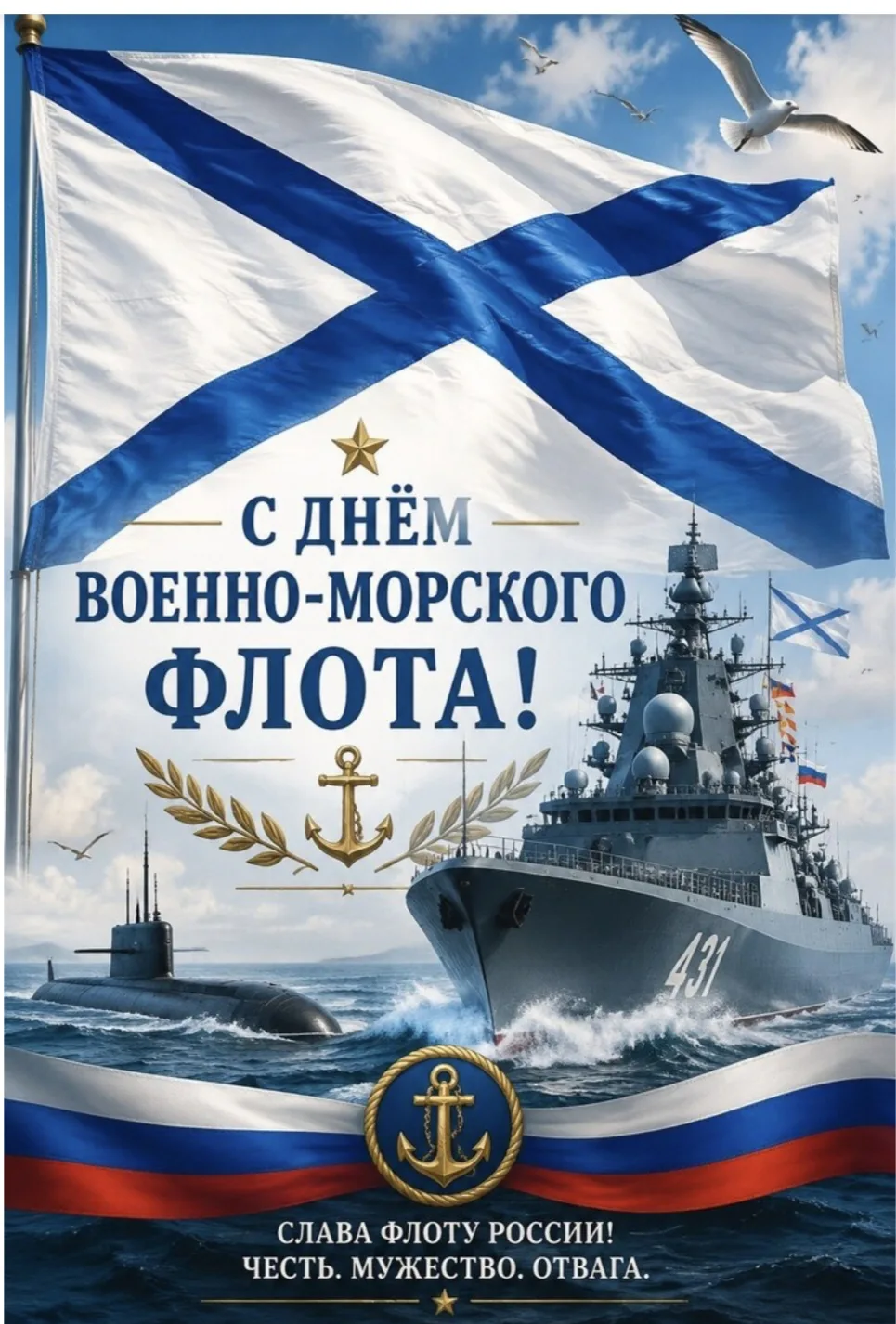 🇷🇺 Сегодня мы отмечаем День Военно-морского флота (ВМФ) России.

 Он символизирует мощь и величие 