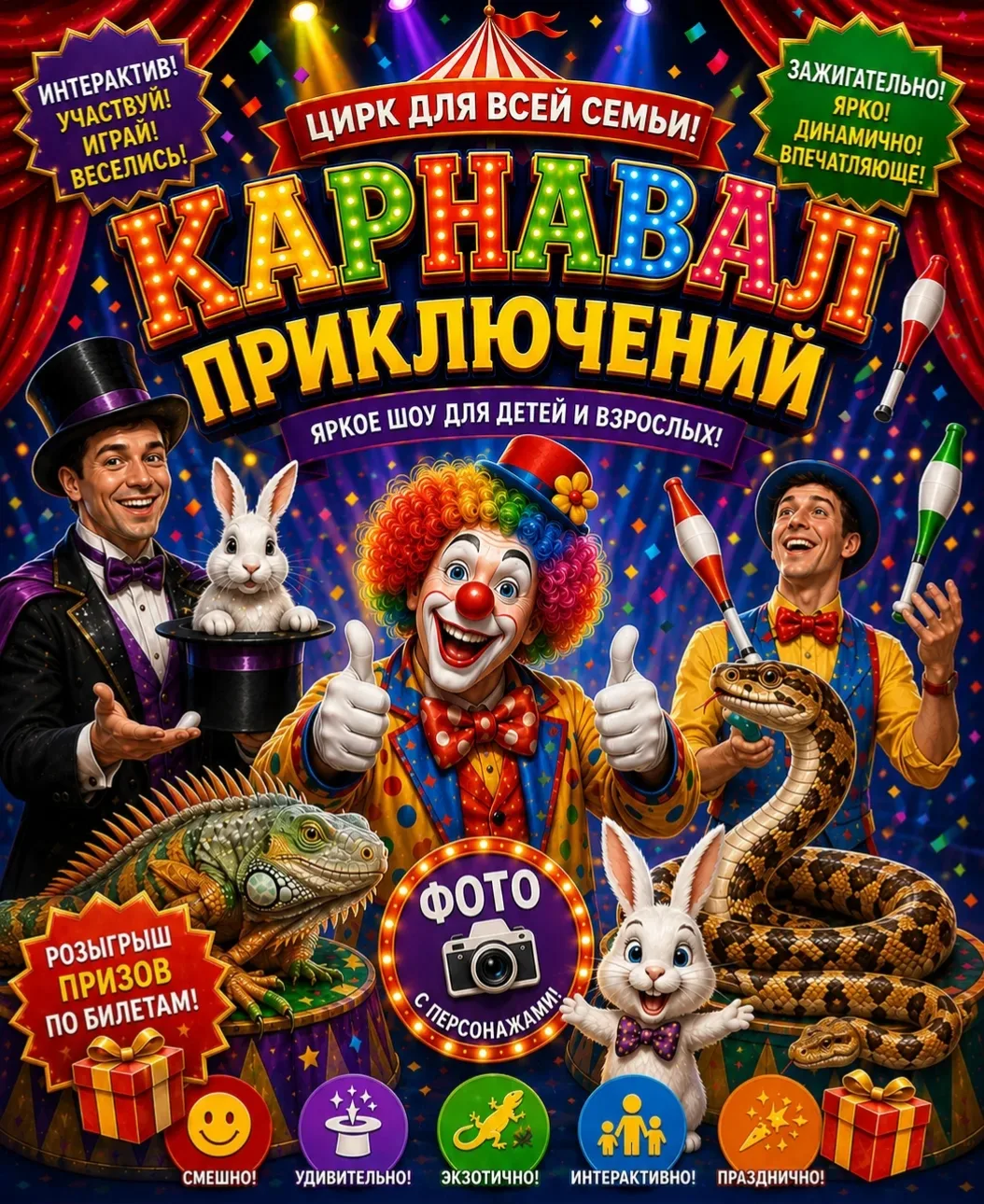 🎪 НОВИНКА! 18 июня в 16:00 театрализовано-цирковая программа «Карнавал приключений» 🎭✨
Приглашаем 